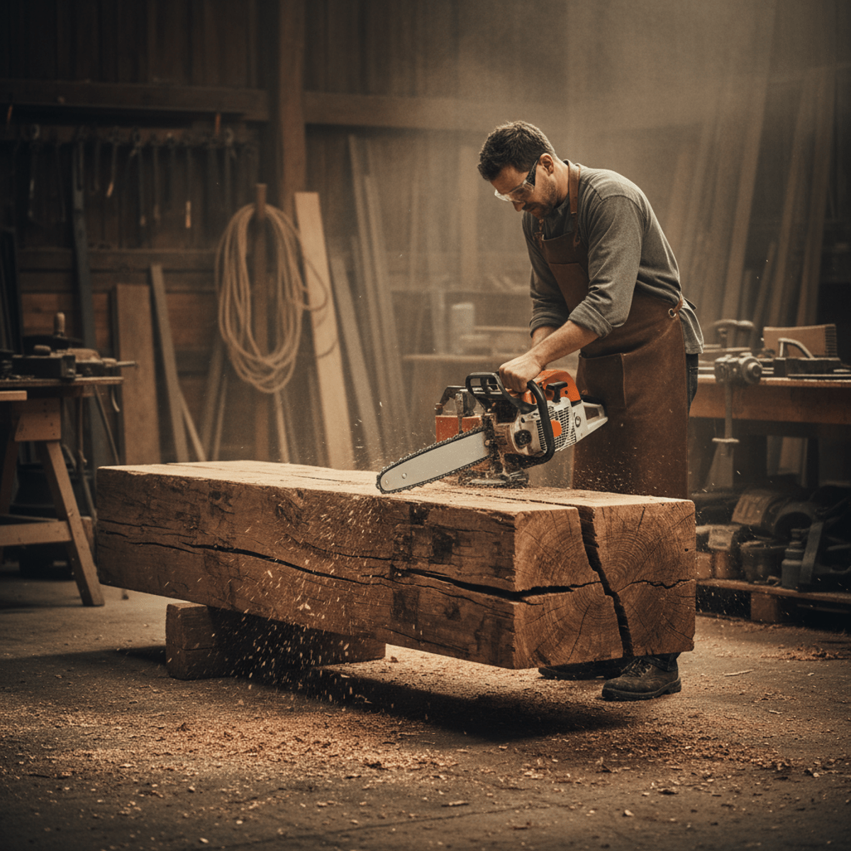 Craftsman shaping reclaimed timber beam into floating mantelpiece with chainsaw mill.