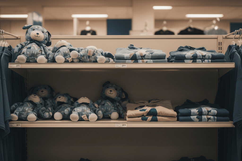 Partially stocked retail shelf showing generic TV-themed toys and apparel lit by warm indoor light, reflecting challenges in entertainment product lifecycle management