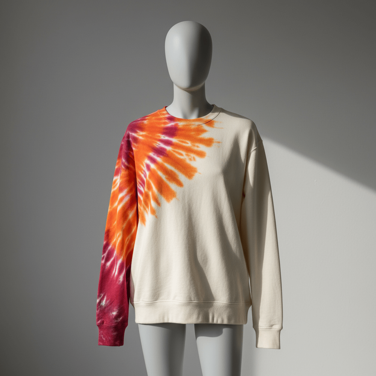 Solid sweatshirt with vibrant sunset tie dye on one sleeve, displayed on a mannequin.