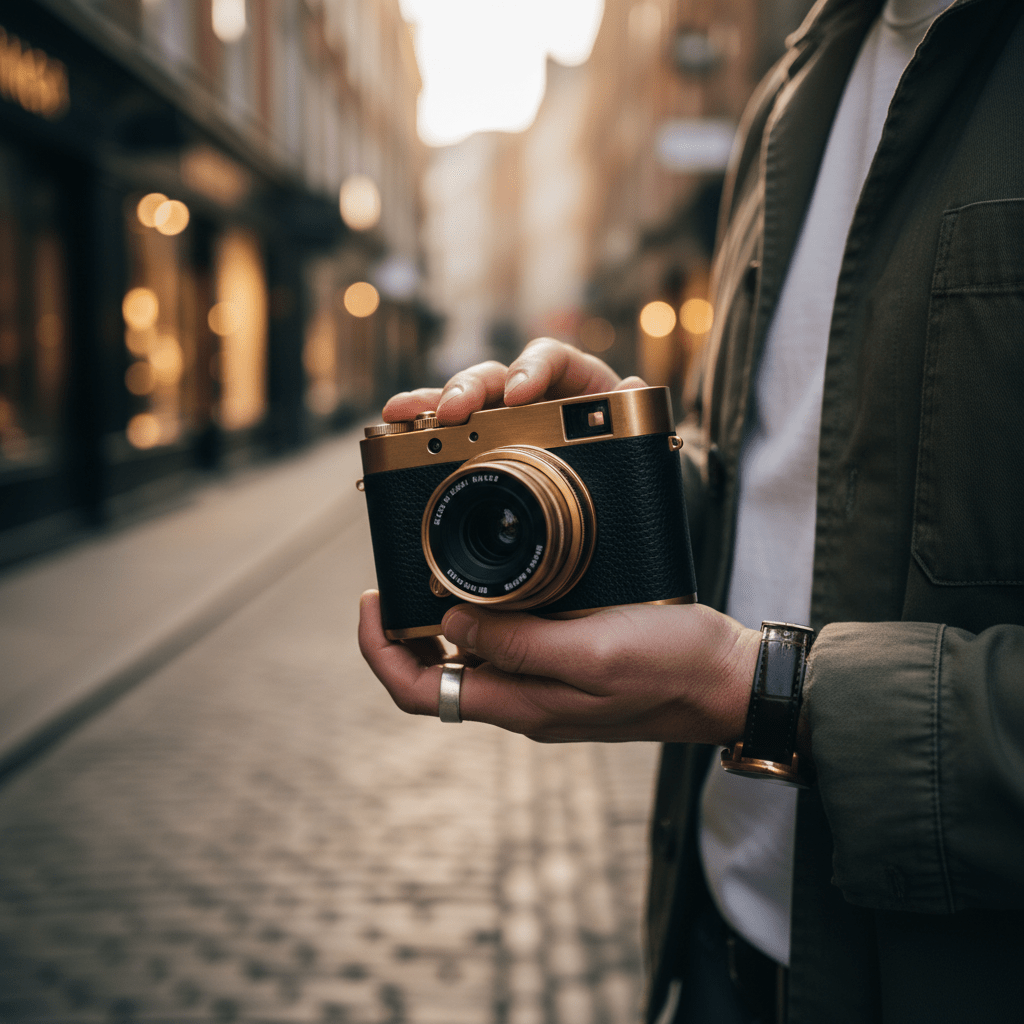 Stylish budget camera with brass details and leather wrap held by person.