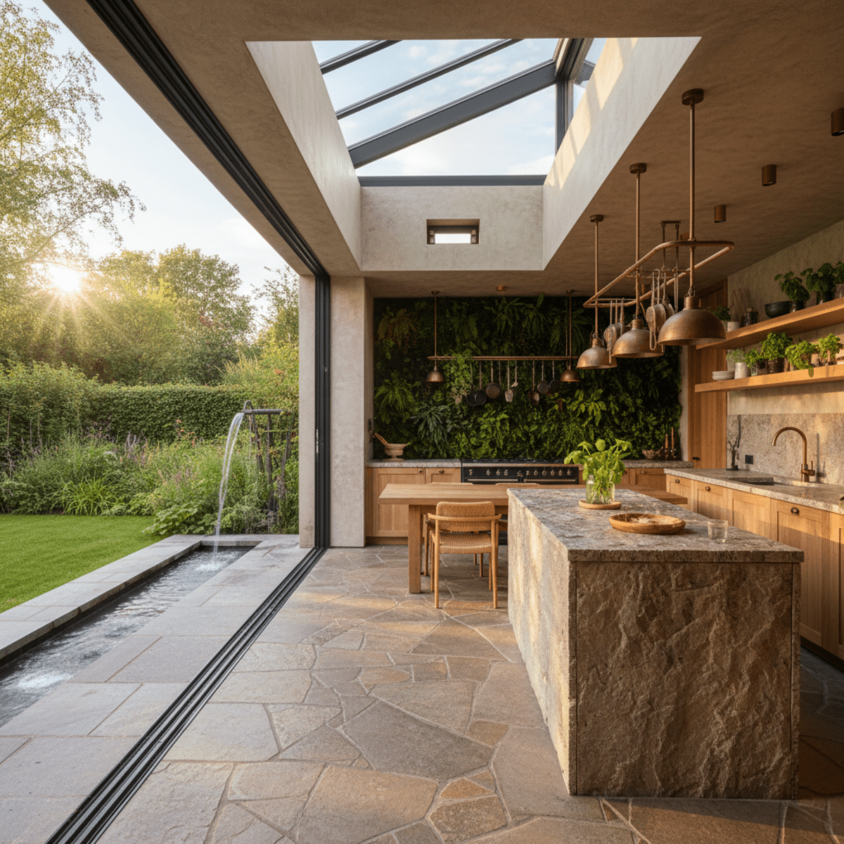 Modern kitchen with outdoor patio connection, vertical greenery, and natural stone counters.