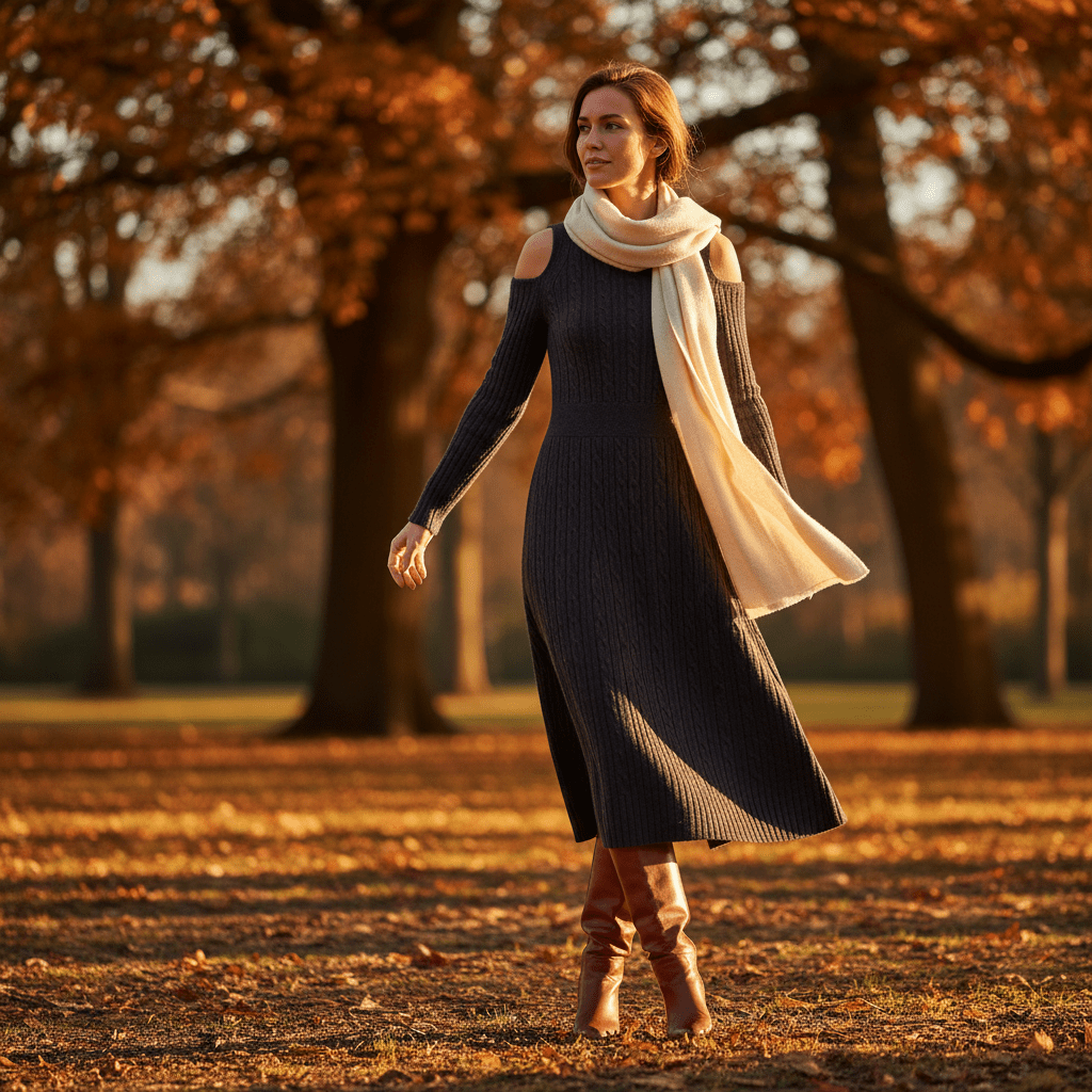 Woman in charcoal cashmere dress strolling through autumn park during golden hour.