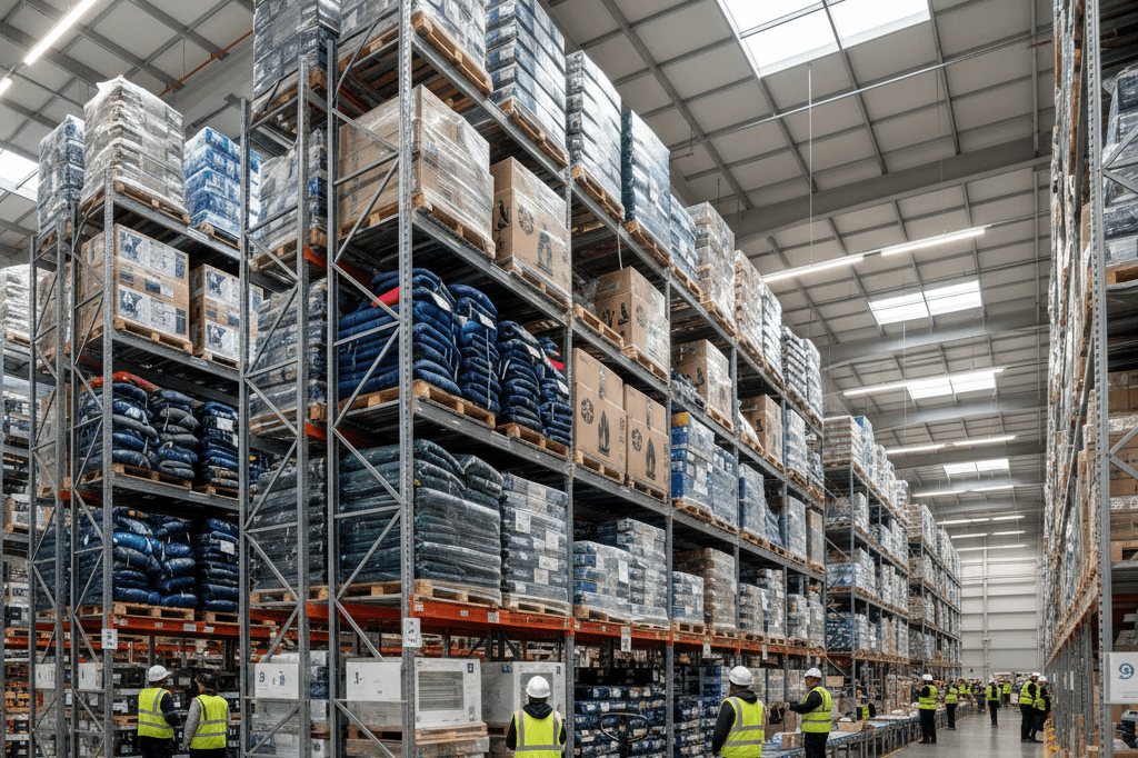 Wide-angle view of a logistics warehouse stocking seasonal goods under natural light, highlighting supply chain readiness