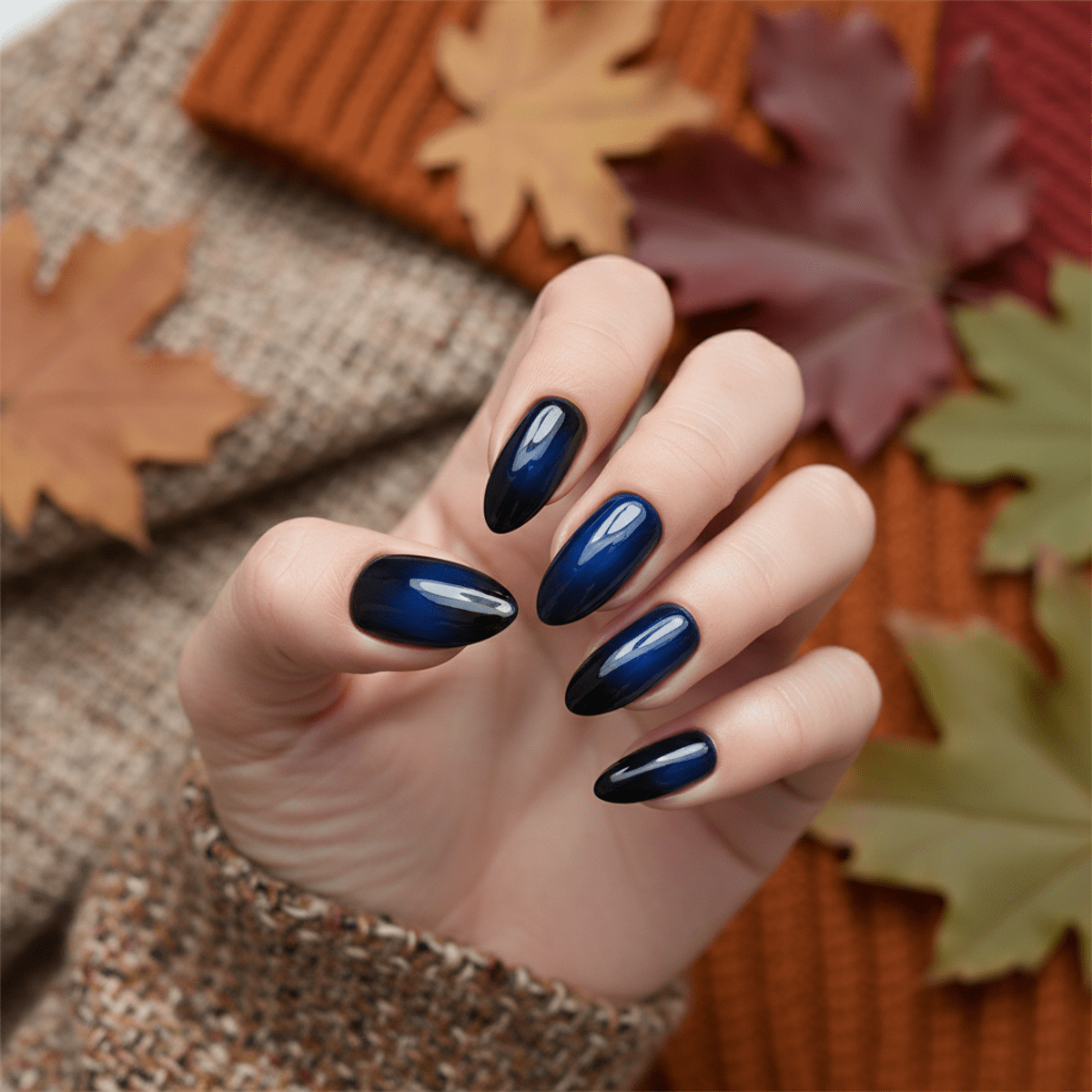 Dark aura manicure with midnight blue fading to black edges using airbrush.