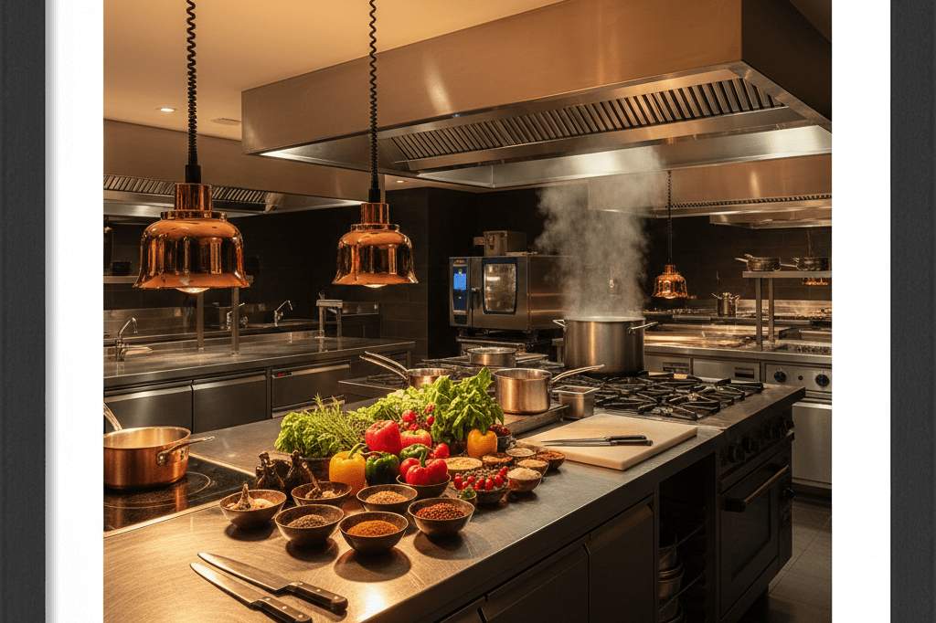 Bustling upscale restaurant kitchen with fresh ingredients and cookware under warm ambient light, highlighting advanced culinary techniques