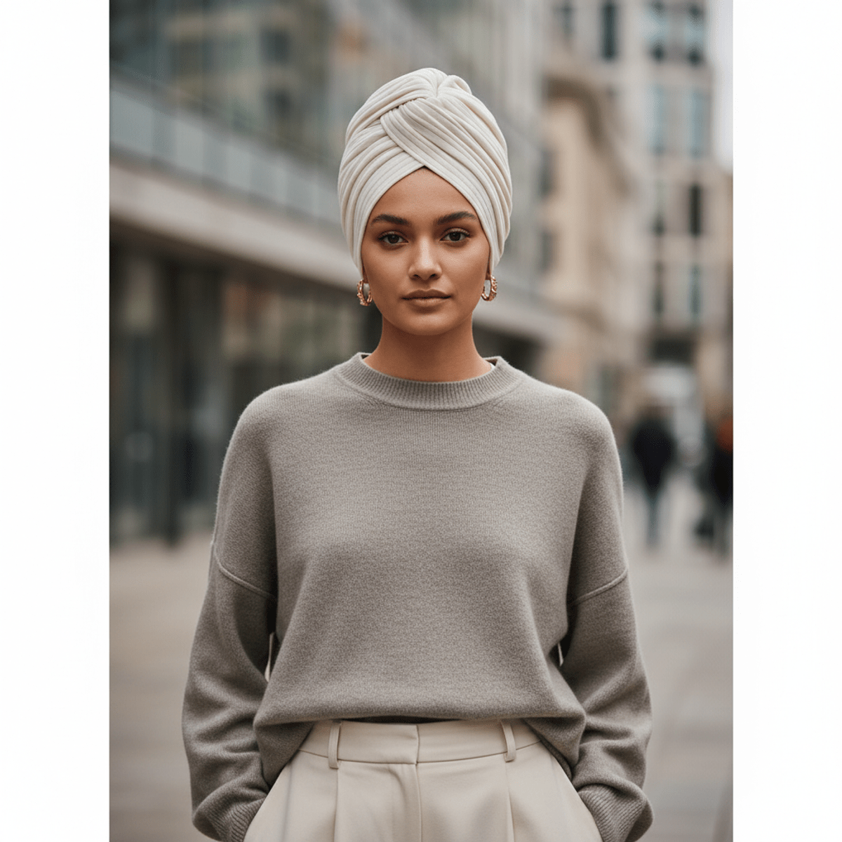 Sculptural architectural hijab in a muted urban landscape. Woman wearing a sculptural ribbed-knit architectural hijab in a modern urban setting.