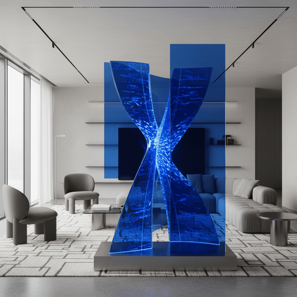 Contemporary living room with a cobalt backlit acrylic sculpture and minimalist furniture.