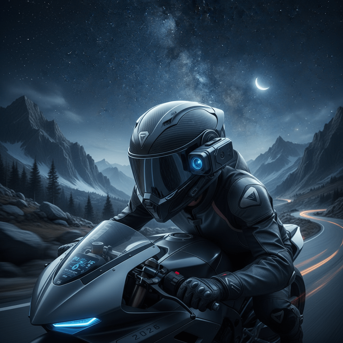Motorcycle helmet with camera on a moonlit mountain pass under a starry sky.