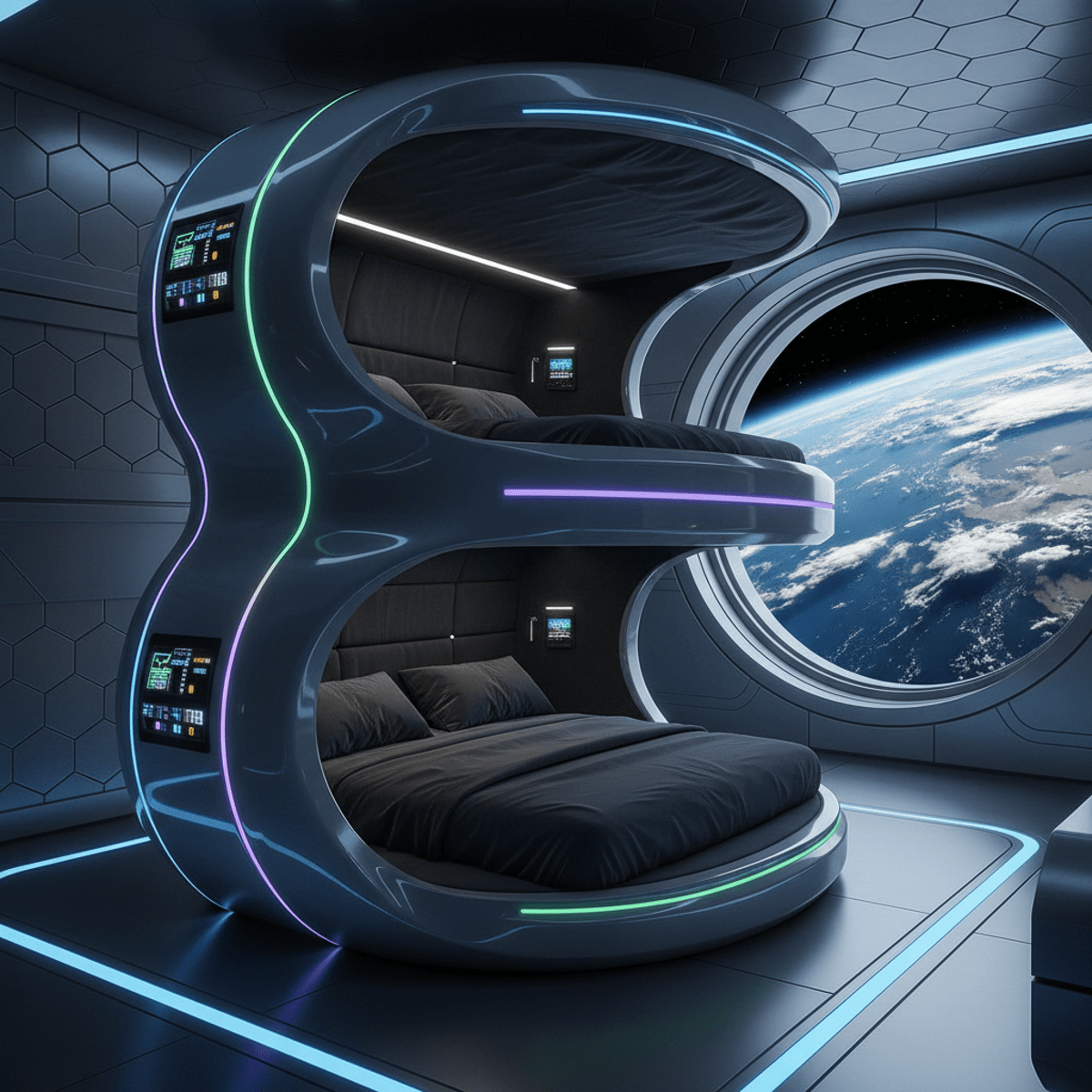 Futuristic circular bunk bed pod with LED lights in a luxury spaceship hotel suite.