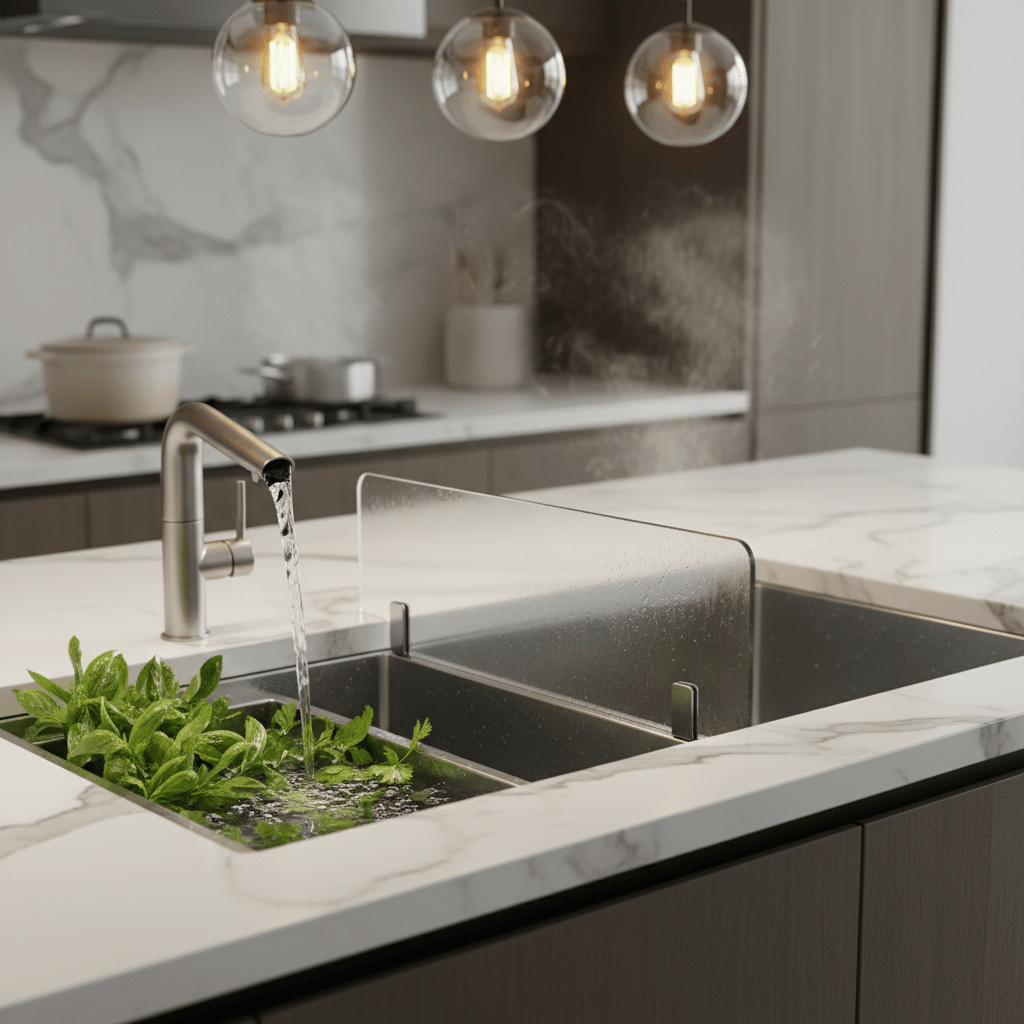 Modern waterfall kitchen sink with herbs and stainless steel basin.