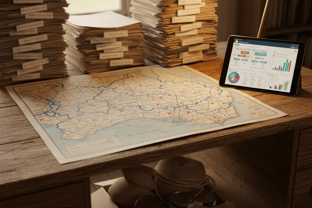 Office desk with flood map and logistics plans under natural light, showing supply chain crisis response