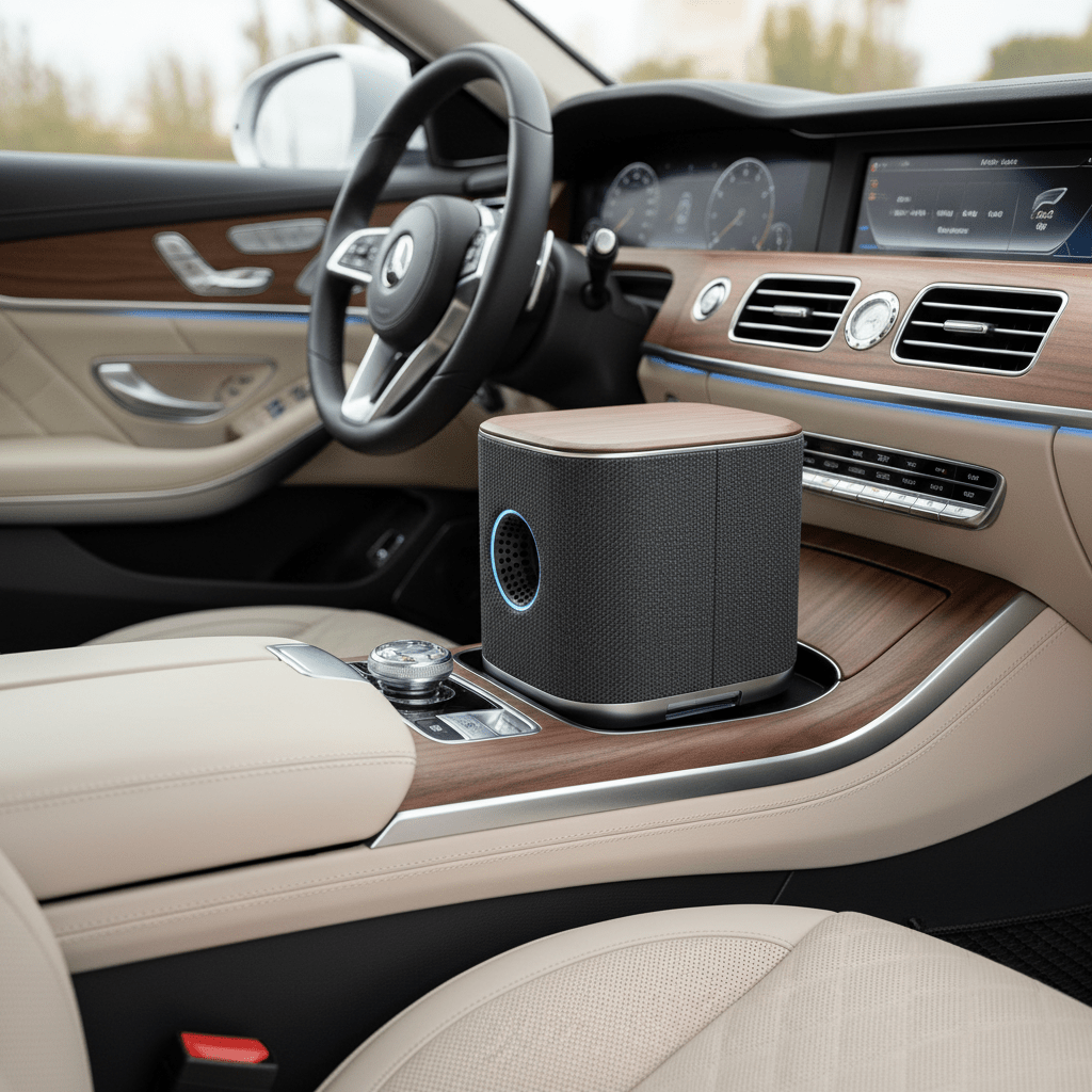 Sleek car air purifier integrated into a luxury console with woven fabric and wood.