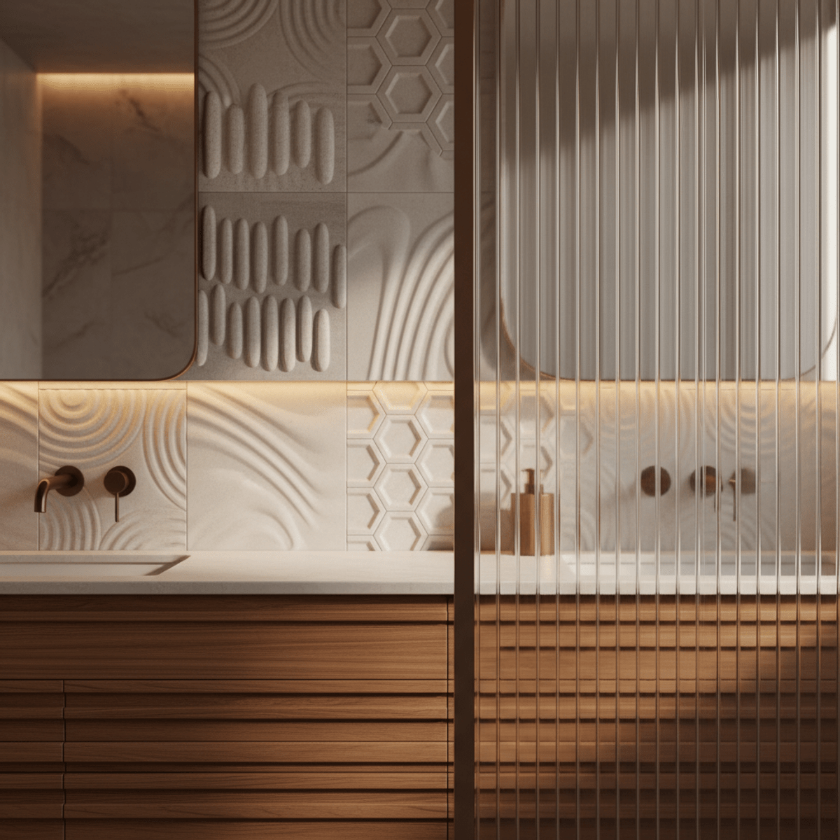 Ribbed teak vanity and sculptural wall tiles in luxury bathroom. Luxury bathroom with ribbed teak vanity and sculptural wall tiles.