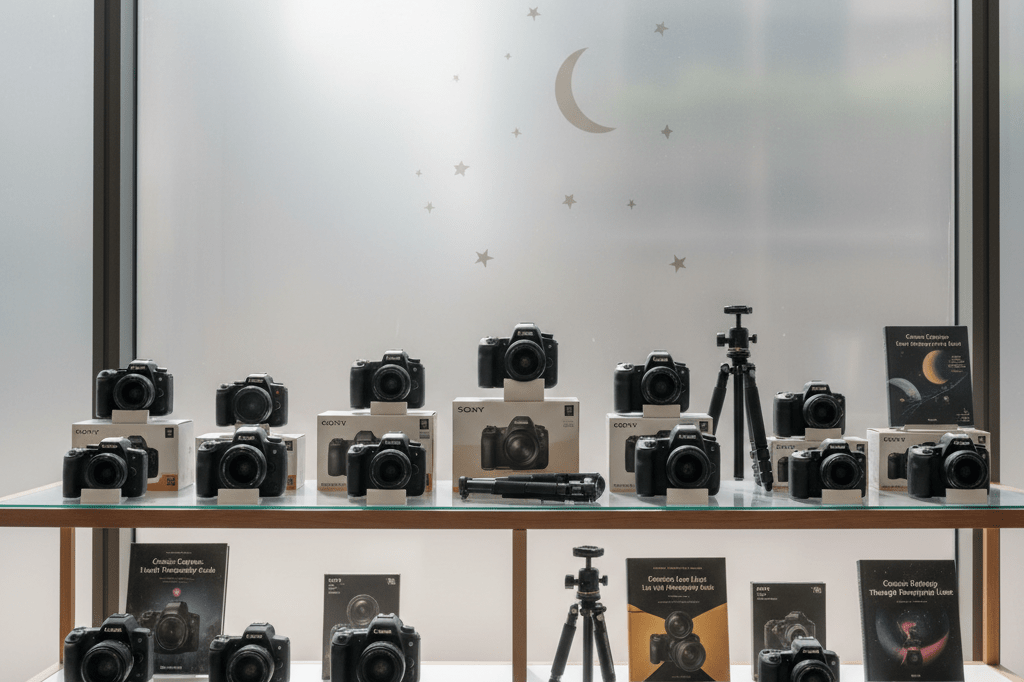 Wide shot of a camera store shelf showcasing advanced DSLR and mirrorless models ideal for capturing celestial events under natural lighting.