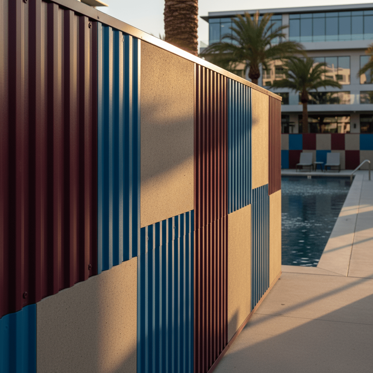 Outdoor pool fence with geometric color-blocking in burgundy, blue, and beige panels.
