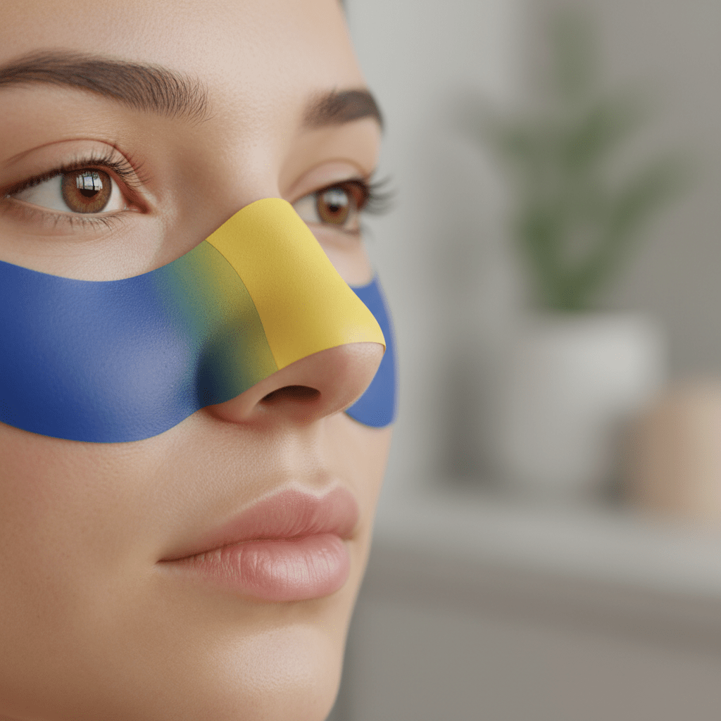 Futuristic nose strip changes color on model's nose during skincare treatment.