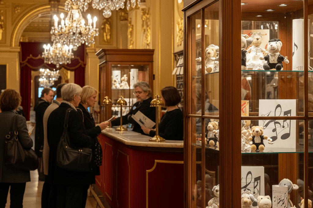 Warmly lit opera lobby with generic merchandise and ticket counter highlighting arts industry revenue