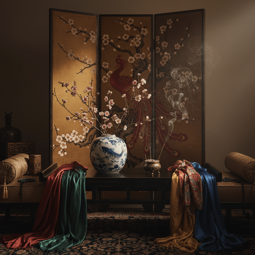 Antique folding screen with phoenix and cherry blossoms, koi vase on lacquered table.