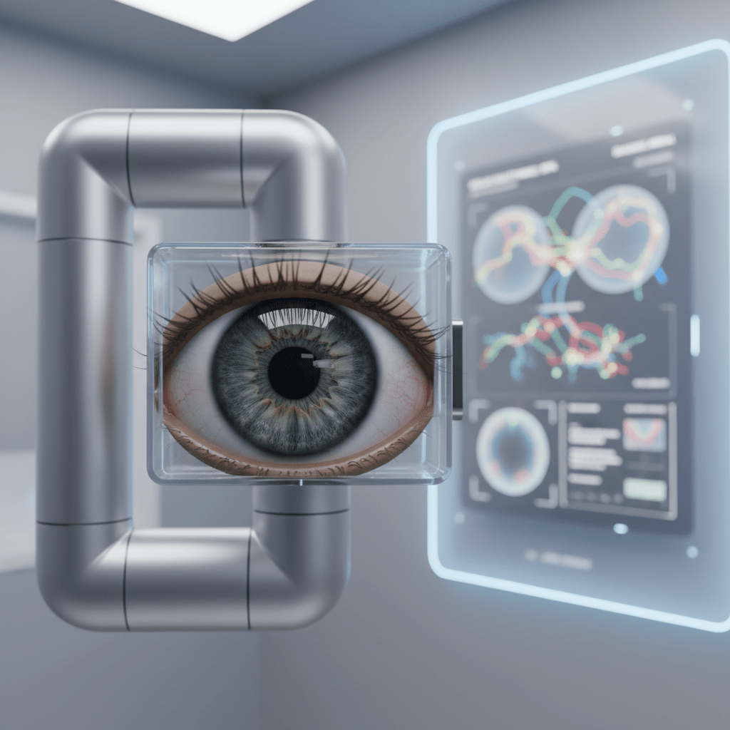 Advanced 8K camera captures detailed close-up of an eye for ophthalmology in a modern lab.