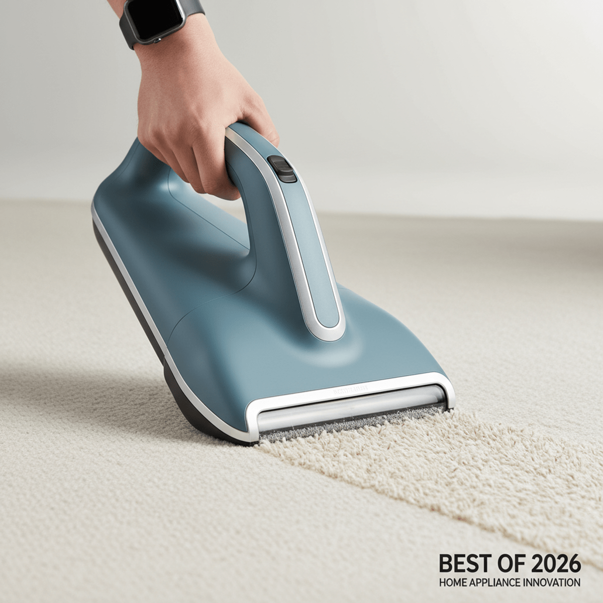 Streamlined handheld carpet cleaner in muted blue and silver. Handheld carpet cleaner with smooth matte finish on textured cream carpet.