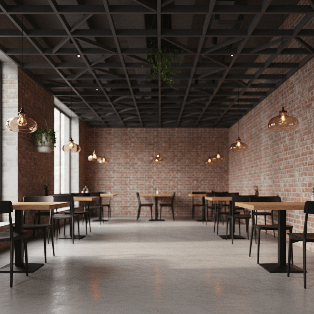 Industrial-chic dining area with lattice ceiling, geometric shadows, and concrete floors.
