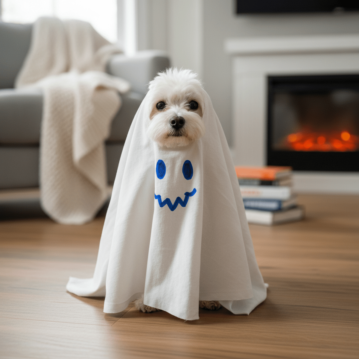 Small dog in a handmade ghost costume made from a pillowcase on a wooden floor.