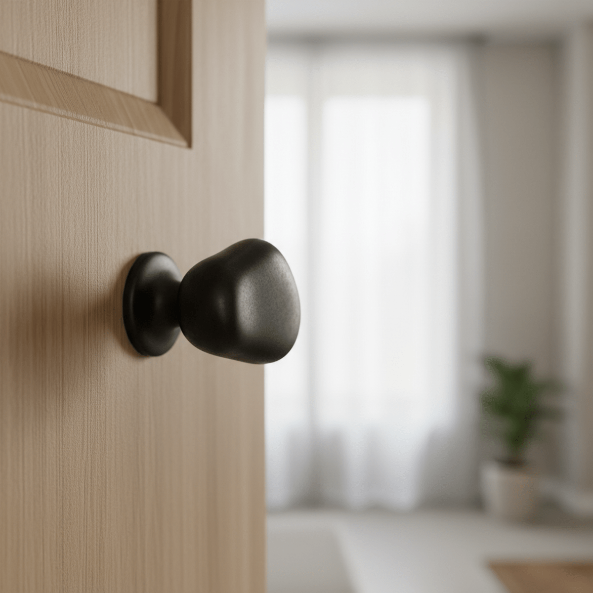 Matte black organic door knob, like a river stone, on a minimalist wooden door.