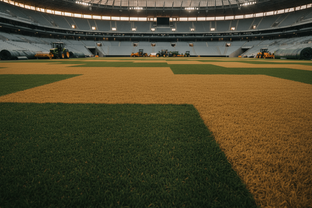 Wide shot of a stadium field with turf variations under natural and ambient light, illustrating adaptability in sports infrastructure
