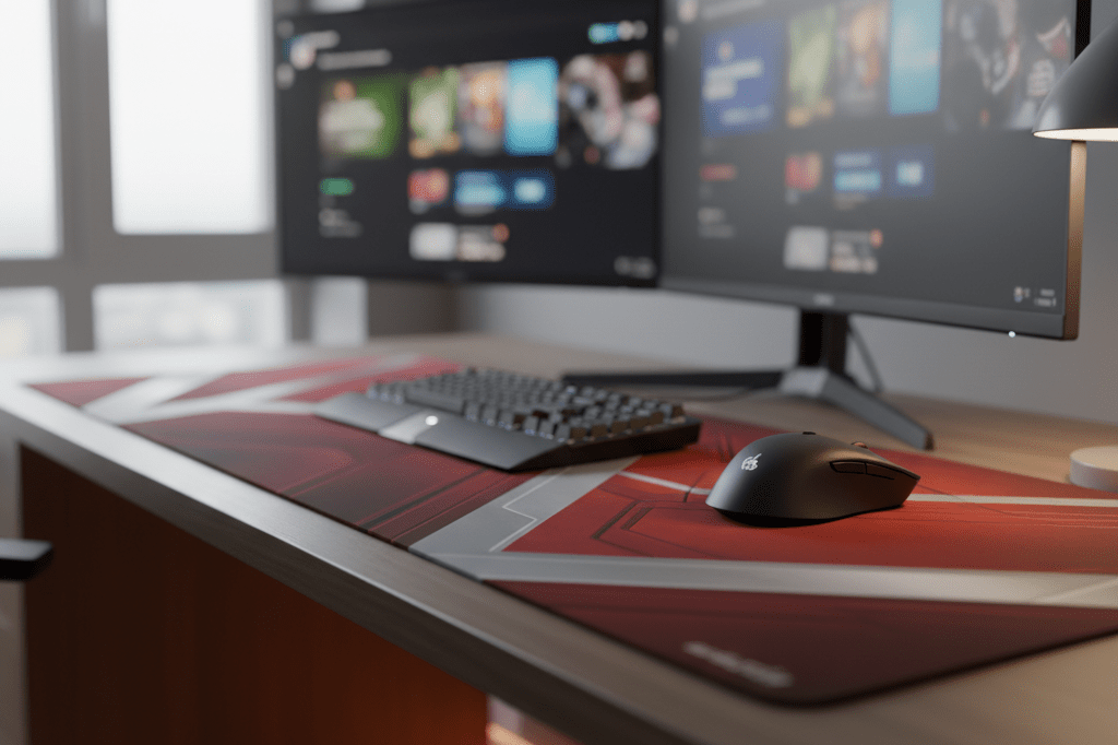 Medium shot of a clean gaming desk with geometric crimson and silver mousepad, natural light, no people or branded content