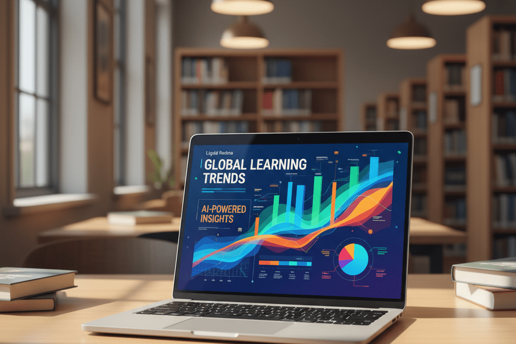 Sleek educational laptop displaying data on a sunlit library desk Open laptop showing educational charts on a wooden desk bathed in natural sunlight within a quiet library setting