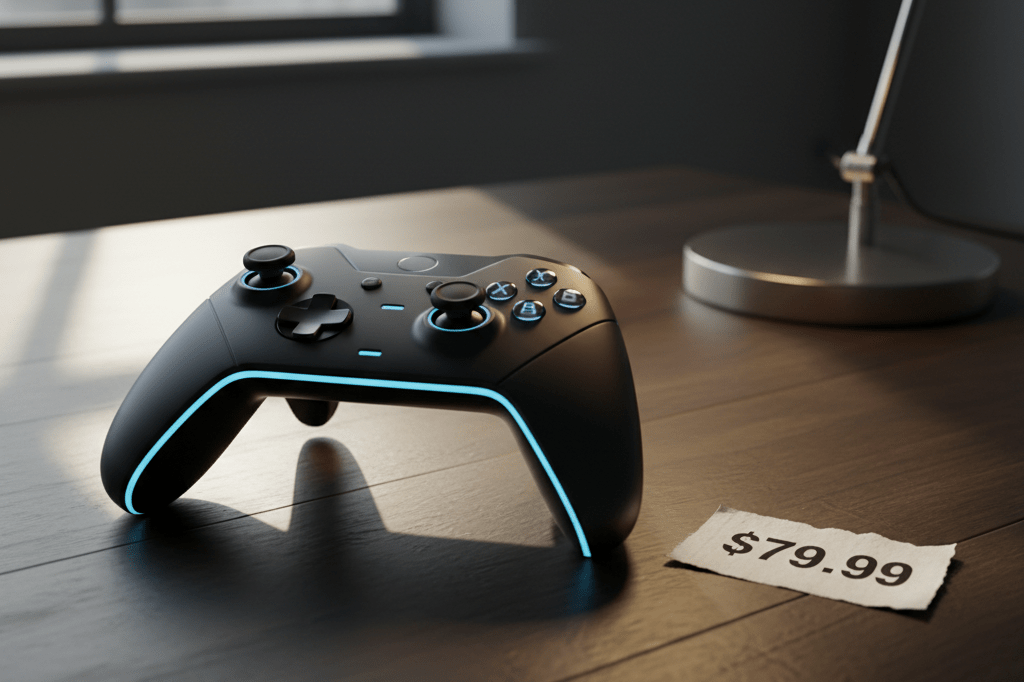 Close-up of a stylish gaming controller and price tag under natural and ambient lighting, symbolizing new industry pricing benchmarks