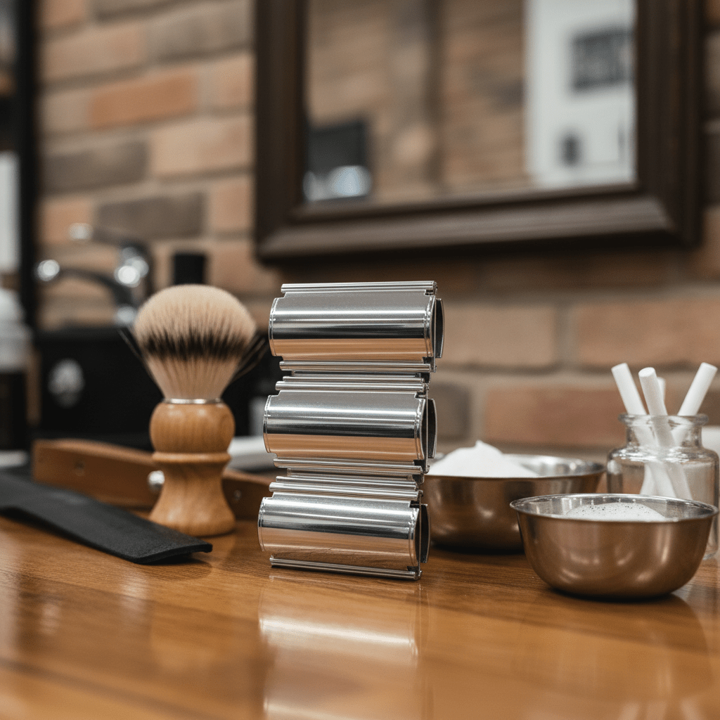 Gleaming chrome safety razor blades stacked on a polished wooden barbershop counter.