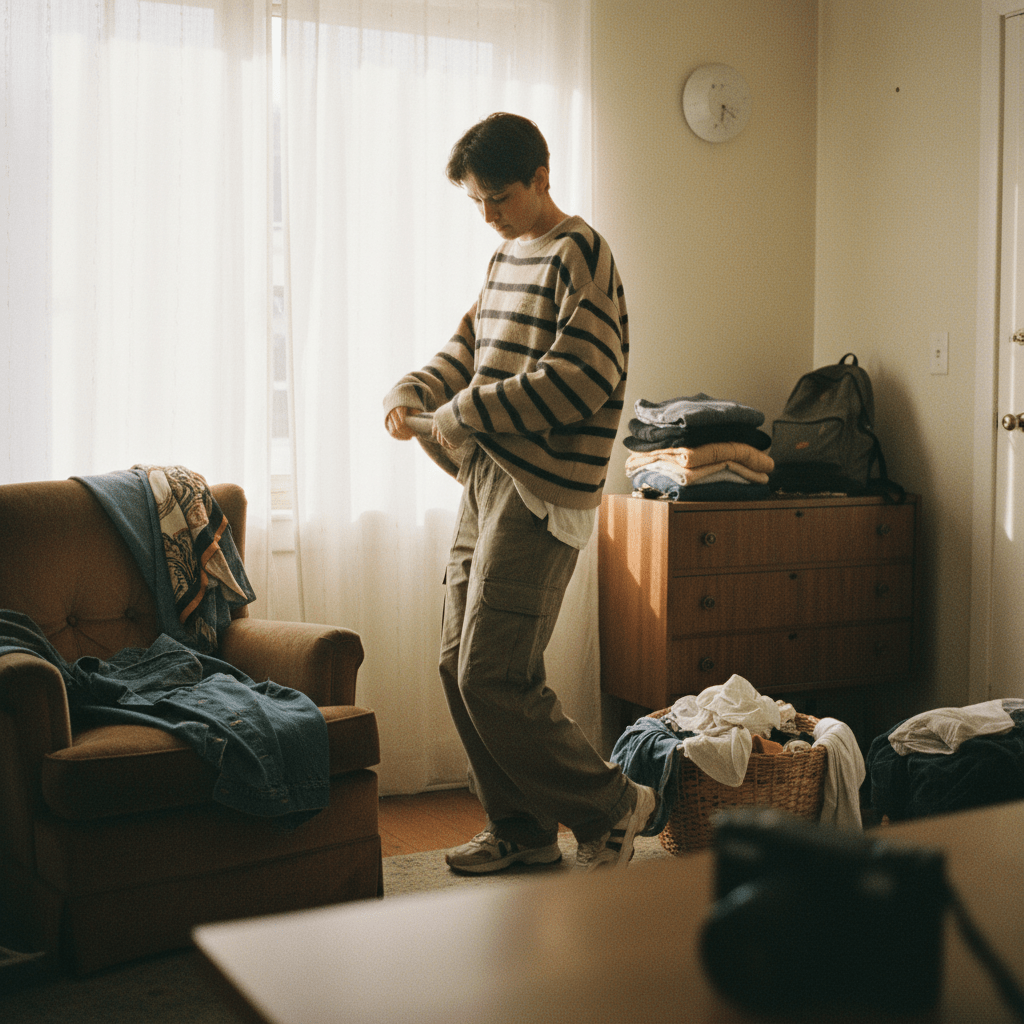 Young person in layered fashion getting dressed in a sunlit, cluttered apartment.