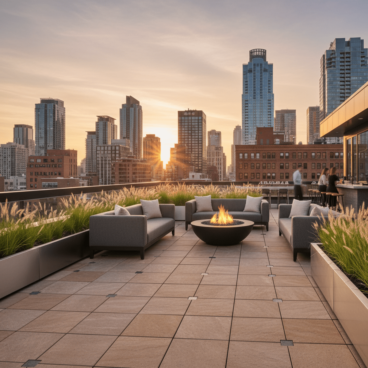Urban rooftop lounge with porcelain pavers, fire pit, and skyline view at golden hour.