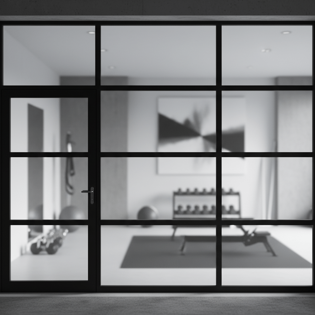 Ultra-modern garage door with frosted glass panels opens to a bright home gym.