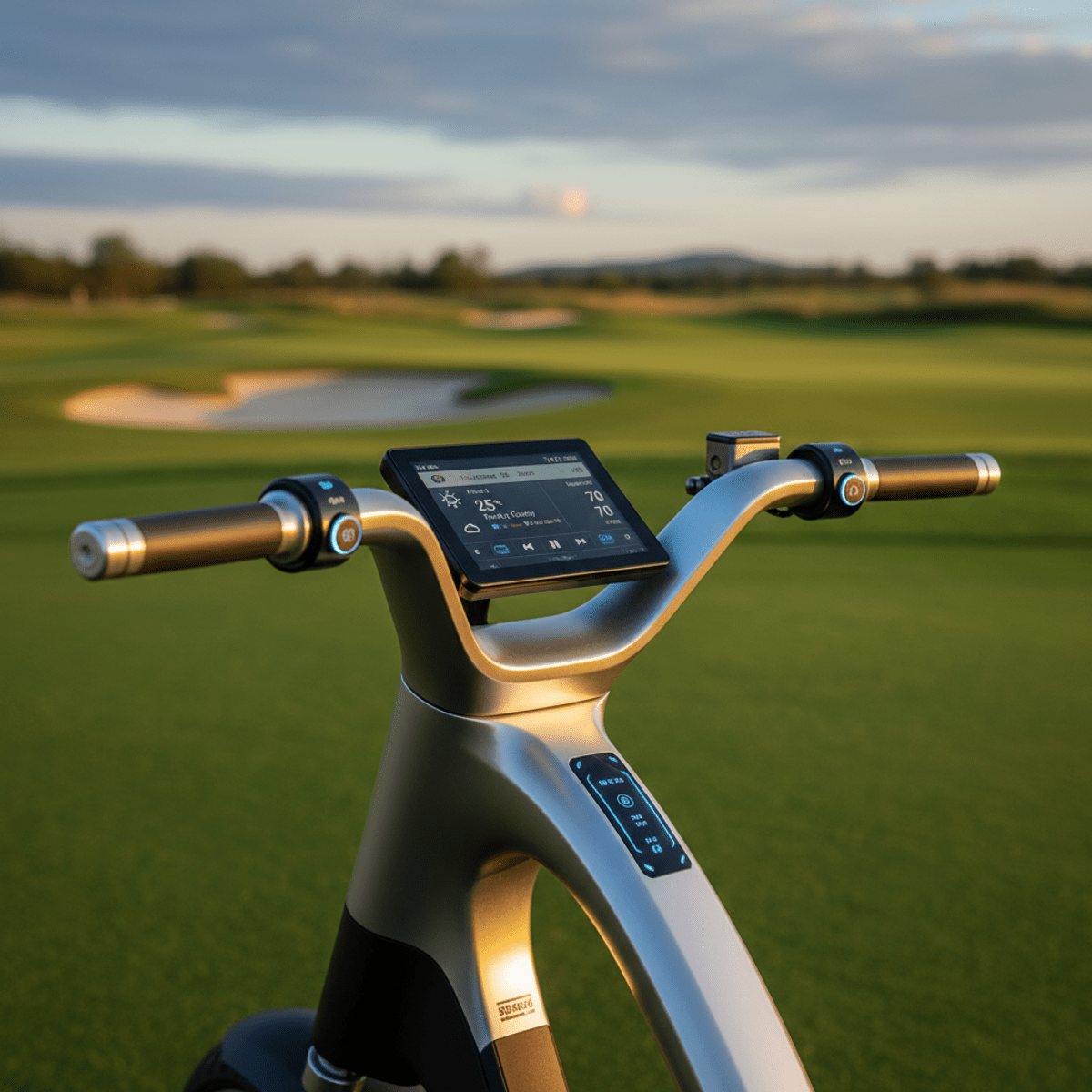 Close-up of advanced electric golf scooter controls with touch interface and sensors.