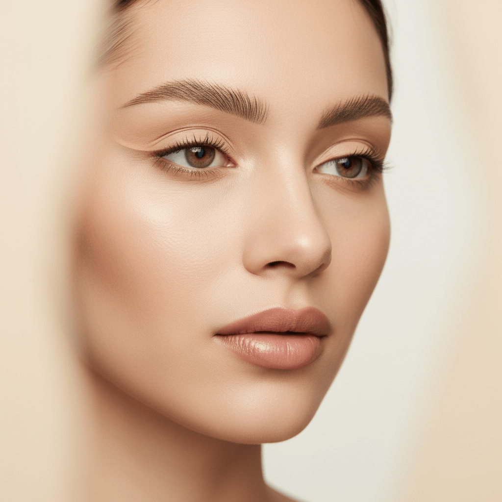 Model with 90s-inspired skinny brows and flawless matte makeup.