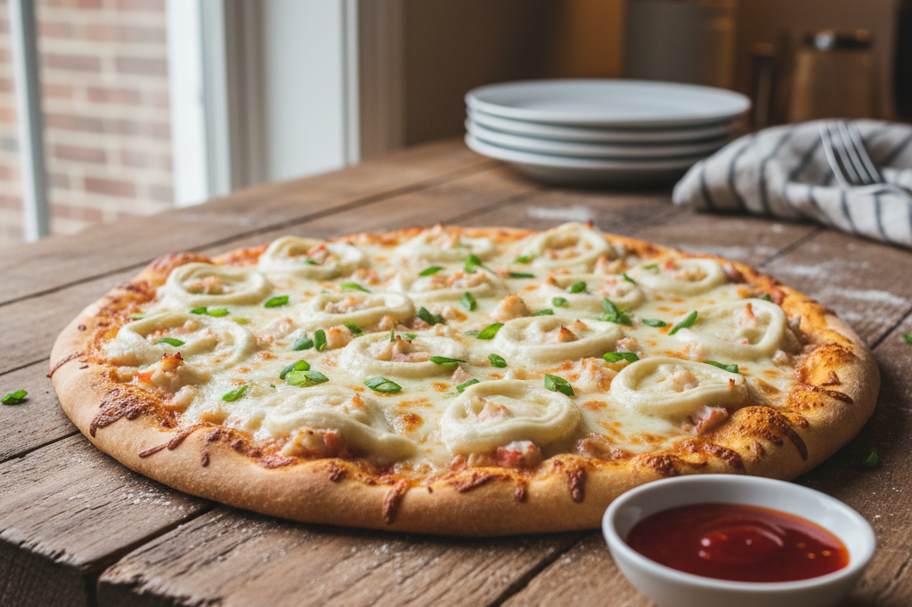 Close-up of a partially assembled crab rangoon pizza with melted cheese and scallions on a wooden countertop in natural light