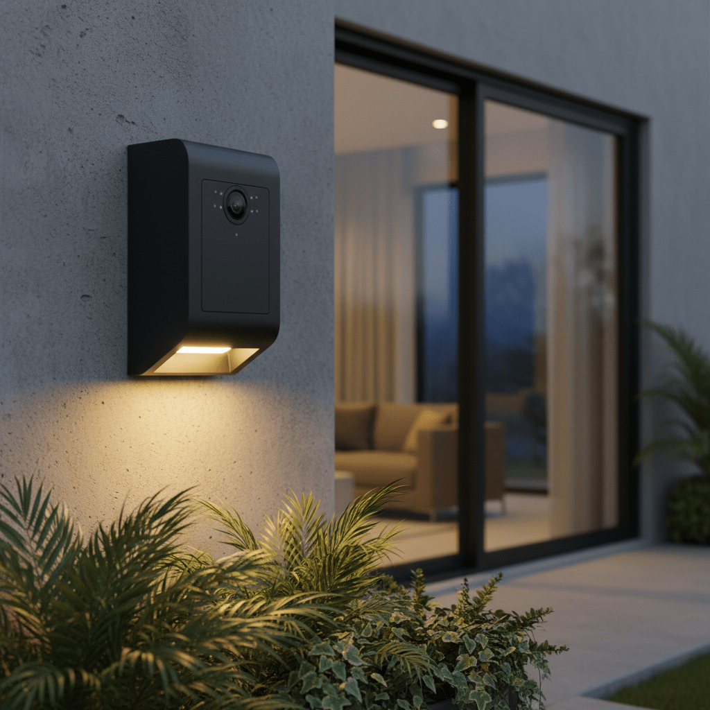 Sleek futuristic laser bug zapper wall sconce Futuristic outdoor wall sconce laser bug zapper with integrated LED downlight.