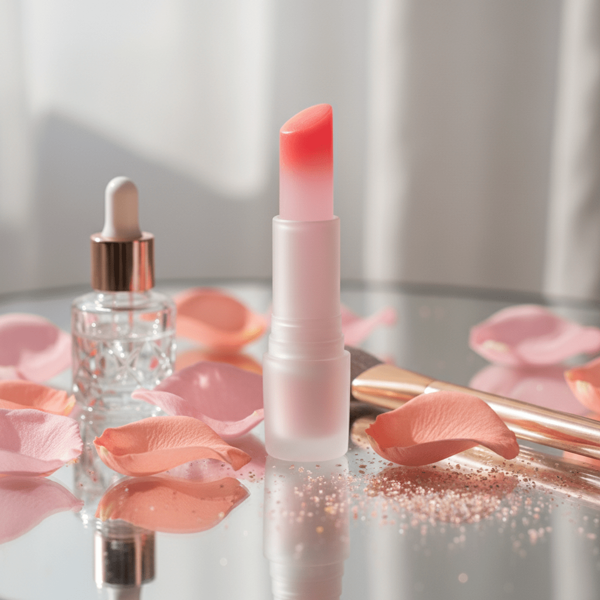 Frosted packaging reveals pink and coral lip balm Transparent pink lip balm with coral tip in frosted packaging on reflective surface.