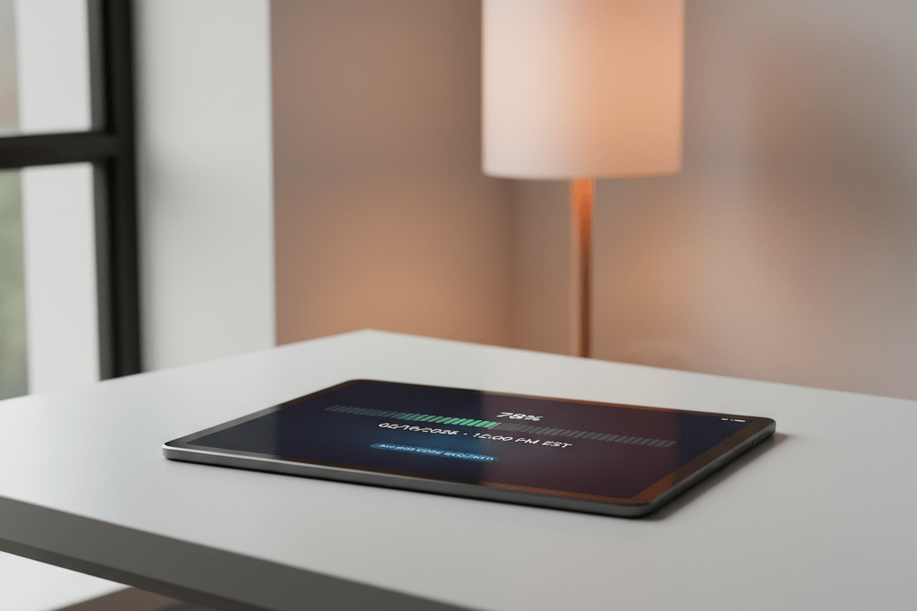 A matte-black tablet displays a digital queue screen with a February 2026 countdown and access code prompt under natural and warm ambient lighting