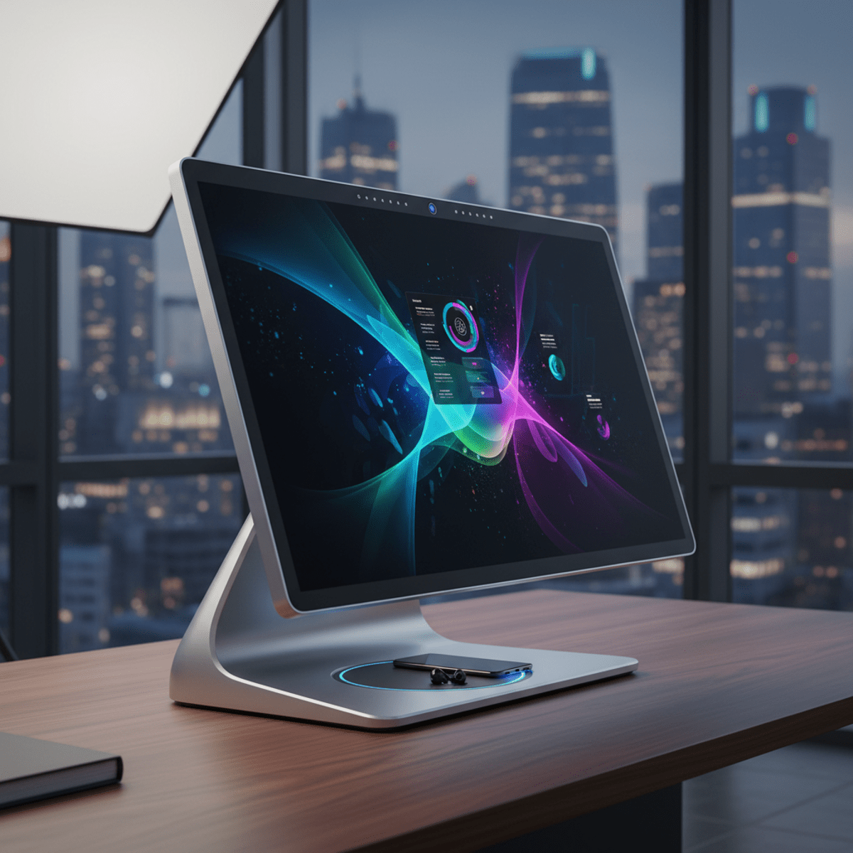 Sculpted aluminum AIO computer with 4K OLED display on a polished wood desk.