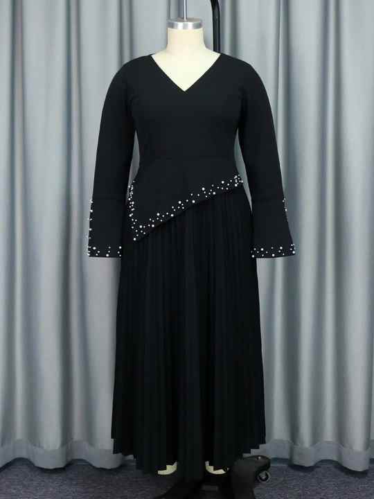Wholesale Winter Autumn Plus ize Woman Clothes Aysmmetrical High Waisted A Line Full Bell leeve Beads Pleat Long Evening Black Dress for Funeral,1