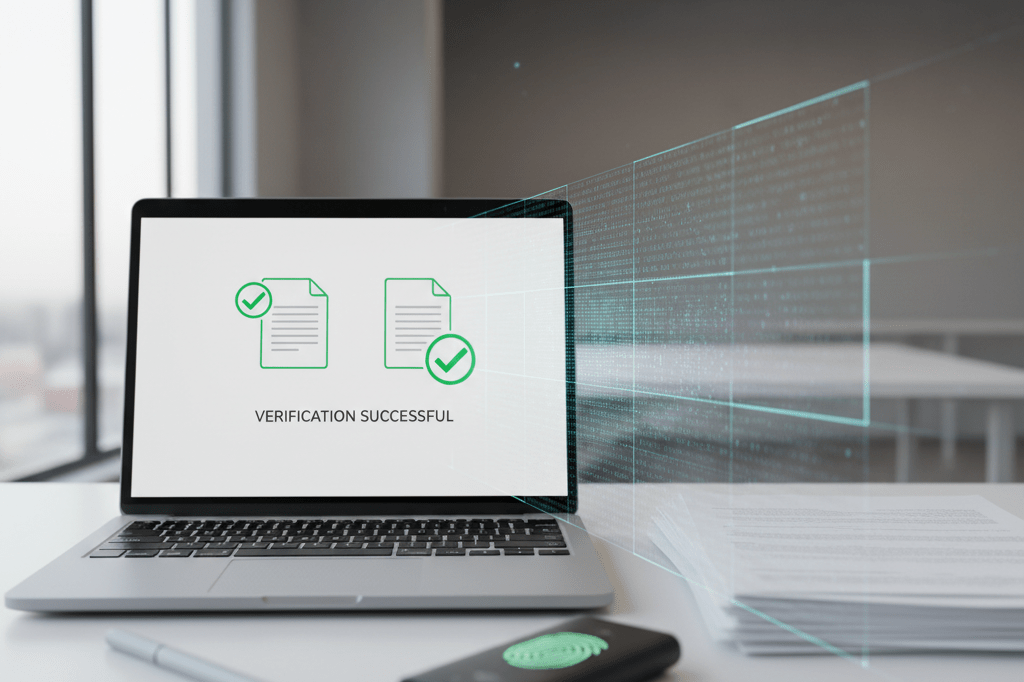 Medium shot of laptop showing secure verification interface with document icons and fingerprint scanner on sunlit office desk