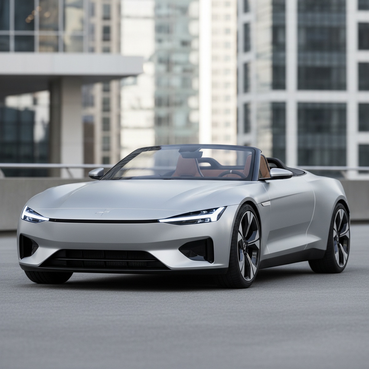 Sleek electric roadster with minimalist design in a modern urban setting.