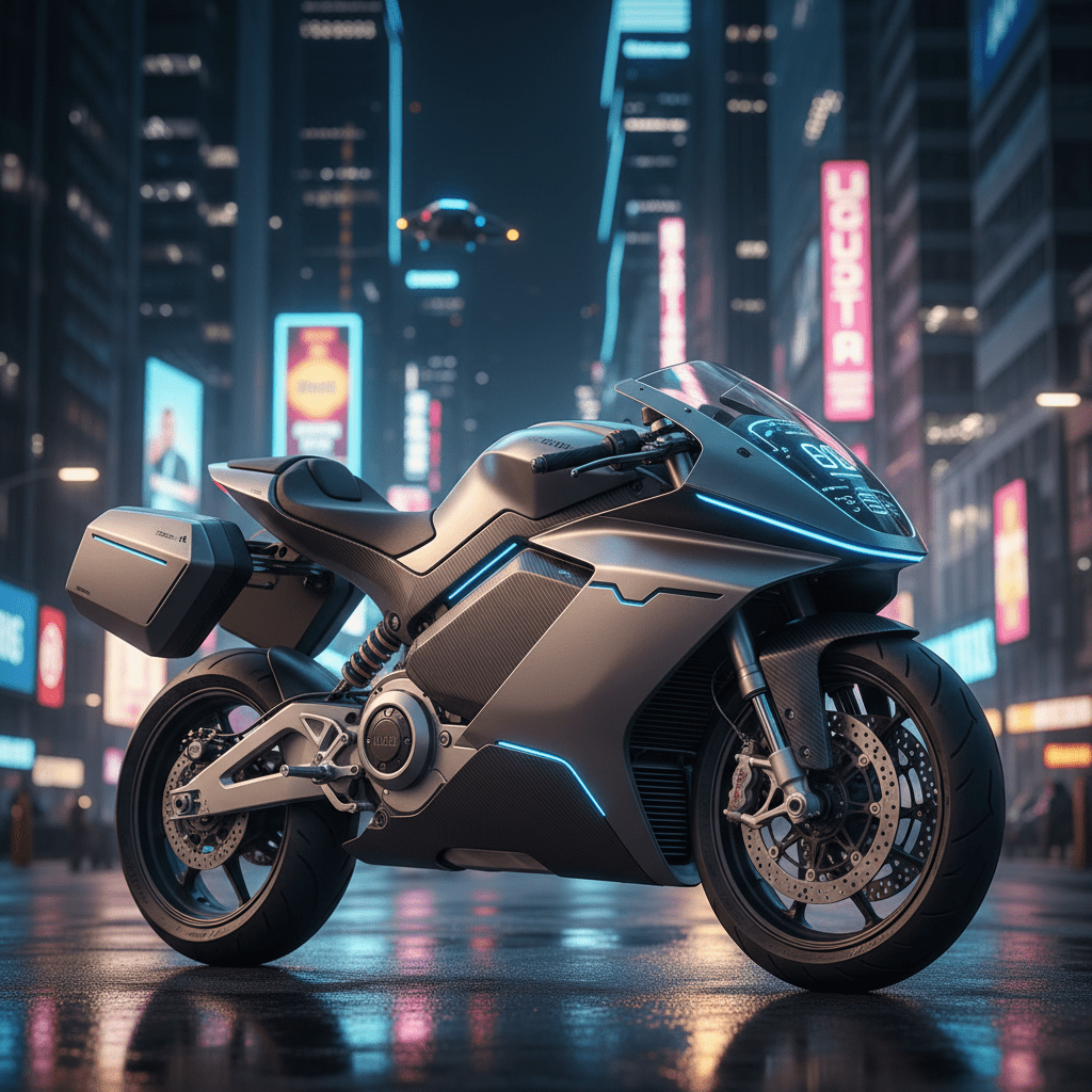 Sleek futuristic electric motorcycle with carbon fiber bodywork in a neon-lit megacity.