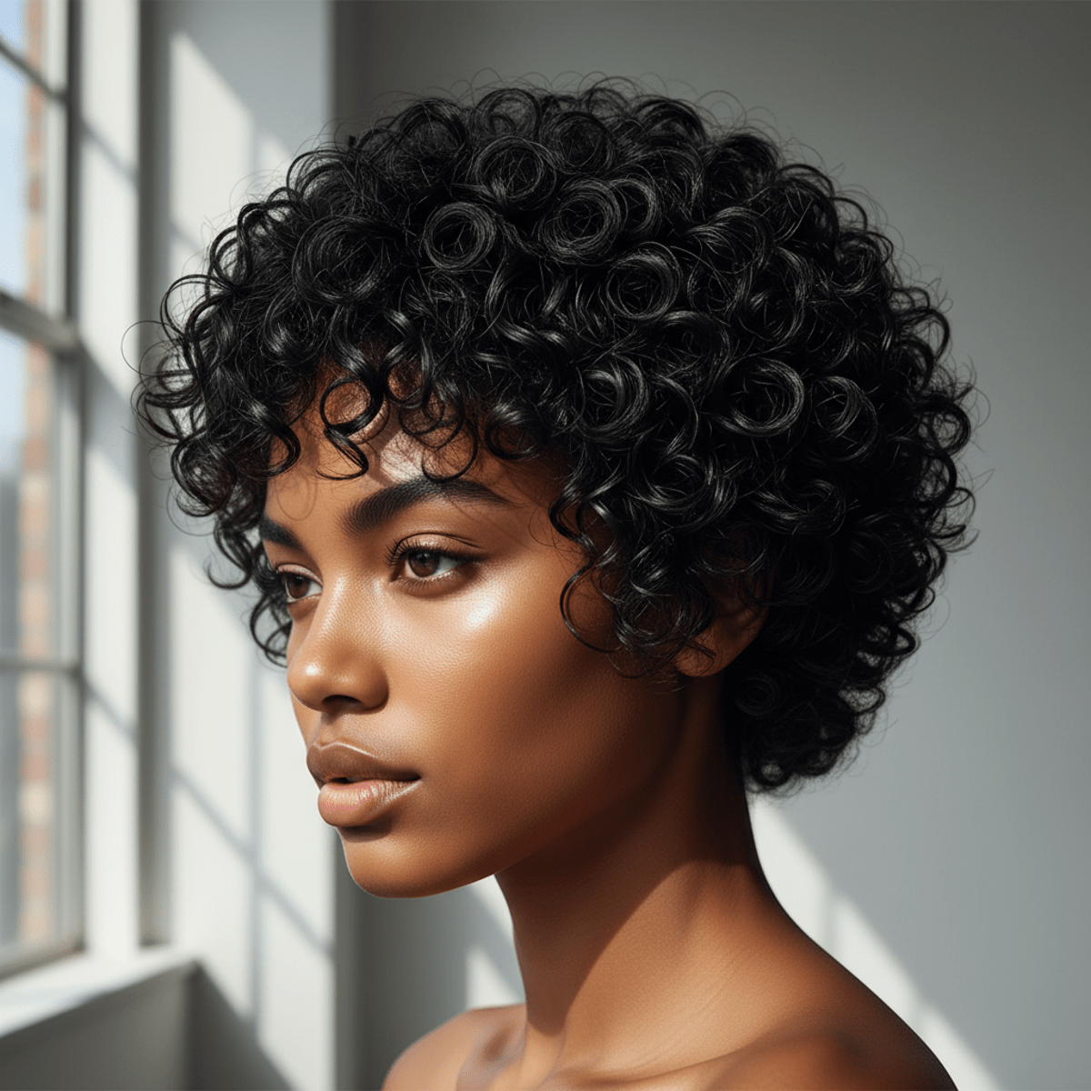 Model with glossy, wet-look geometric jeri curls and a chin-length bob.