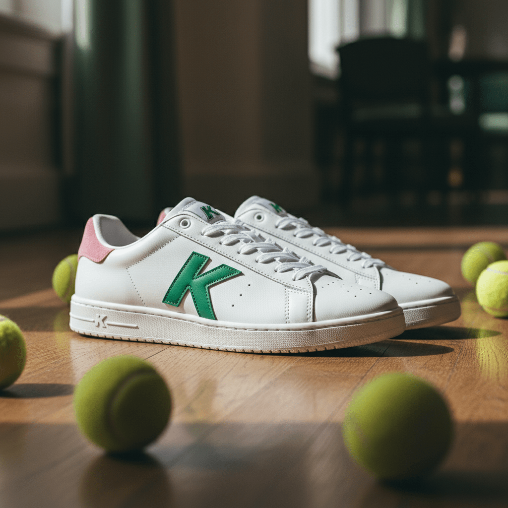 Pink and green leather tennis sneakers on a polished wooden country club floor.