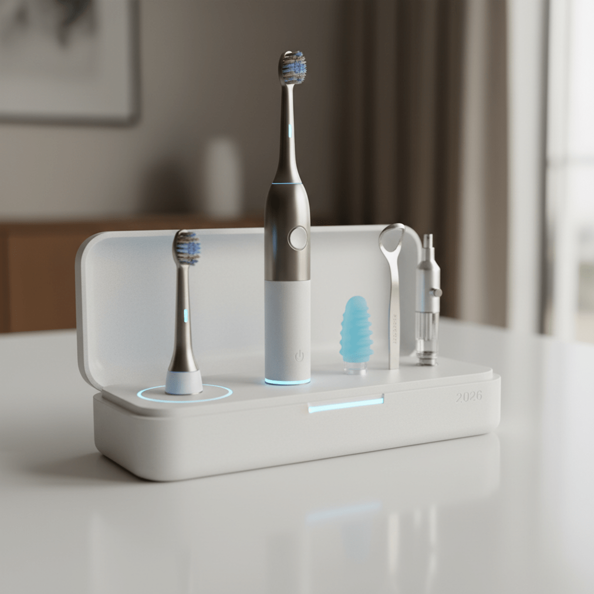 Futuristic vibrating toothbrush system with magnetic heads in a travel case.