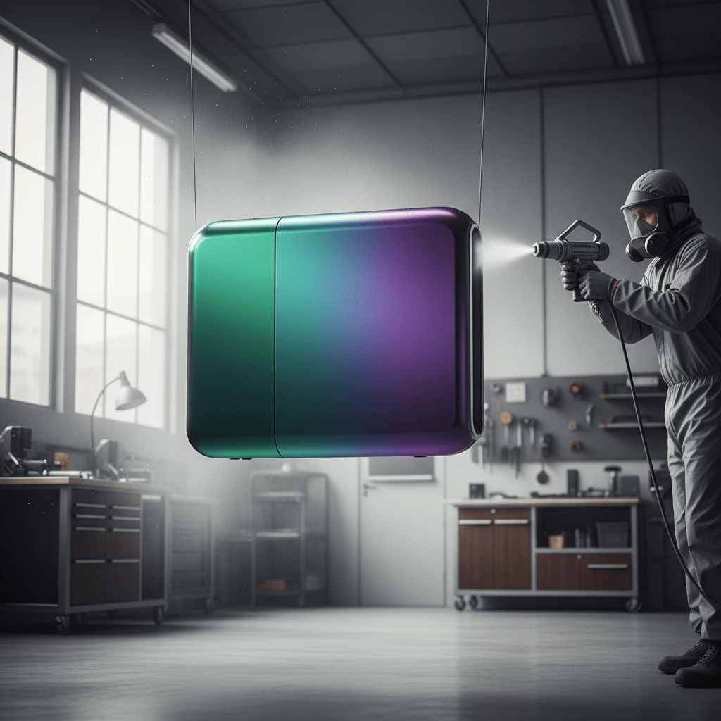Electronics casing receiving metallic color-shift powder coating in an industrial workshop.